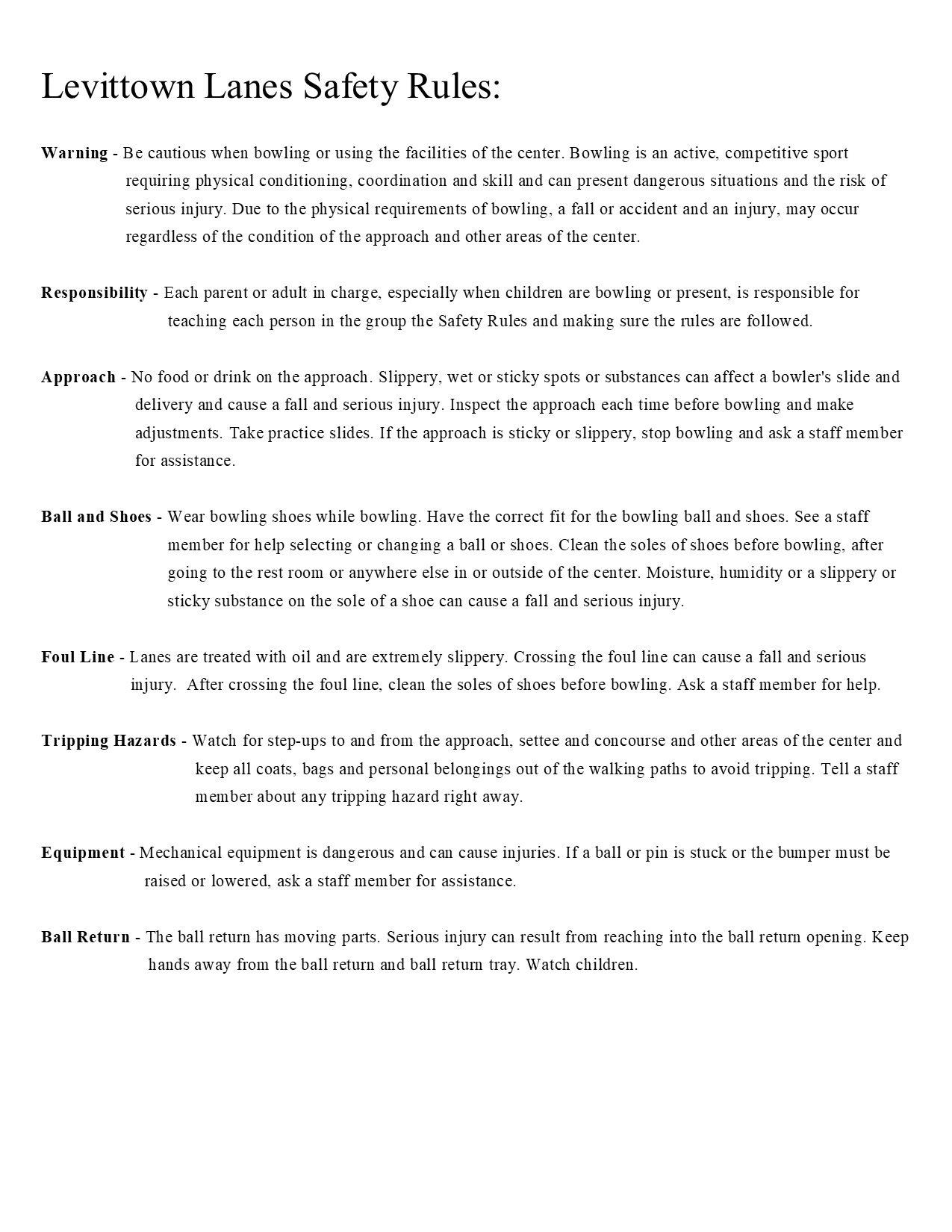 Levittown Lanes Safety Rules